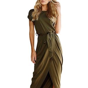 Short Sleeve Front Slit Maxi Dress (Olive Green)